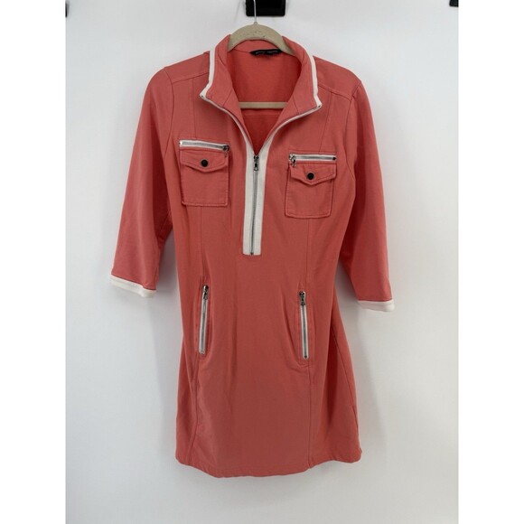 Boston Proper Coral Womens Dress Half Zip 3/4 Sleeve Size M Wash Wear Sheath - Picture 2 of 10